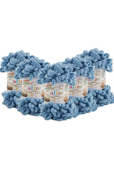 Alize Puffy 280 Medium Blue - 5 Pieces Hand Knitted Blanket Scarf Cardigan Mop Yarn