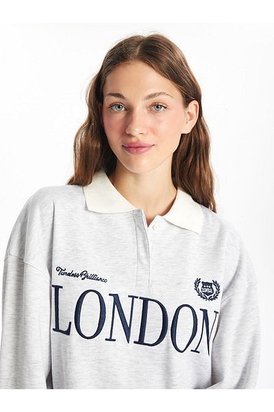 LC Waikiki Γυναικείο φούτερ XSIDE Grey Melange Polo γιακά με κέντημα Oversize