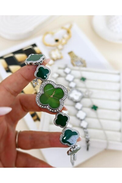 Has Yonca Gümüş-yeşil Kadın Saati Bileklik Hediyeli