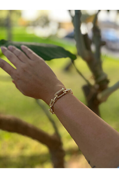 Moonjy Vıp Çelik Gold Zirkon Taşlı Hardwear Küçük Boy Zincirli Bileklik