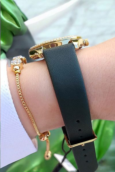 Daniel Klein Women's Green Leather Strap, Jewelled, Calendar Wristwatch, Jewelled Bracelet Gift