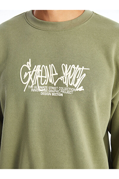 LC Waikiki Ανδρικό χοντρό φούτερ Xside Green Crew με μακρυμάνικο εμπριμέ