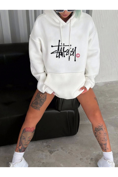 LUMİART By Han Three Thread Hooded Printed Sweatshirt - White