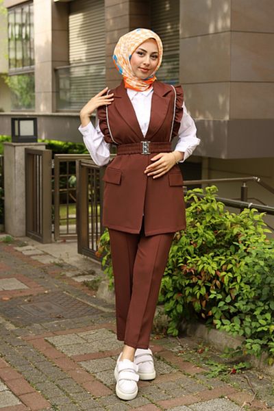 Moda Palmiss Women's Bitter Brown Belt Detailed Hijab Set