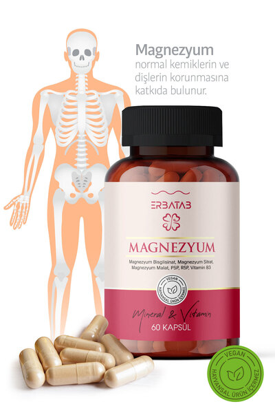 Erbatab Magnezyum 3 Lü Form (BİSGLİSİNAT, SİTRAT, MALAT) & Vitamin B2 , B3 , B6 - 60 Kapsül