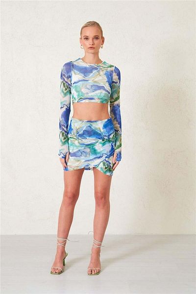 Avrile Blue Patterned Women's Tulle Skirt