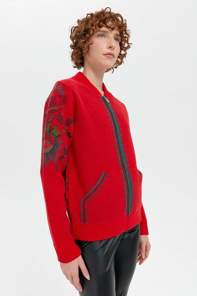 Desen Triko Coral Colored Flower Patterned Prevailing Collar Women's Wool Jacket