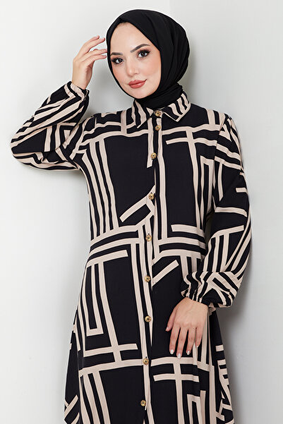 ModaMerve Viscose Tunic with Shirt Collar 2354Bgs895-M Black&Vision