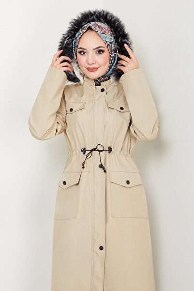 ModaMerve Stone Colored Fur Coat with Hidden Zipper - Mss0818-M