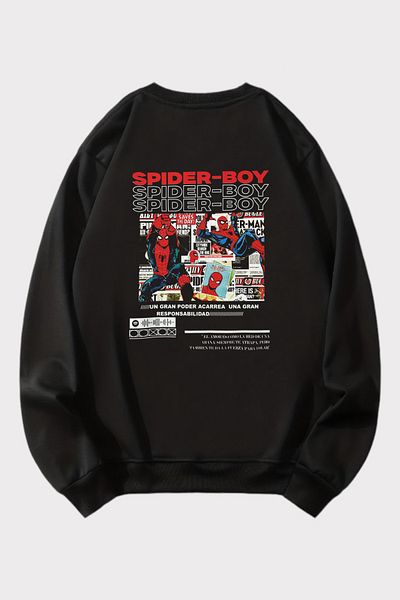 EFBUTİK Black Unisex Back Printed Spider - Boy Sweatshirt