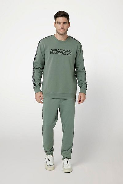 Guess Green Men's Sweatshirt - Arlo Cn, Stripe Sleeves and Logo in Front