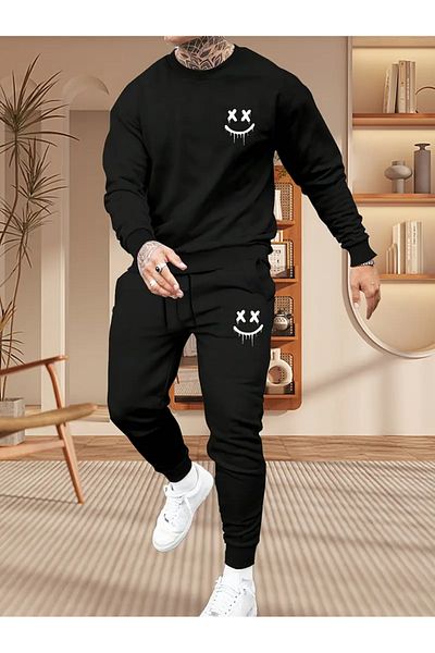 AEMİ Black Unisex Tracksuit Set - Crew Neck, 3 Thread Raised, Printed Oversize