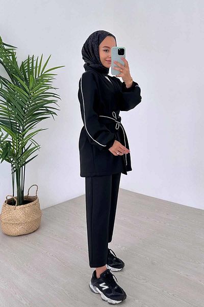Ka Hijab Glitter Piping Double Kimono Scuba Set - Black