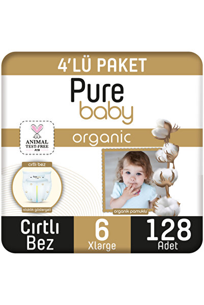 Pure Baby Organik Pamuklu Cırtlı Bez 4'lü Paket 6 Numara Xlarge 128 Adet