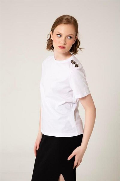 Avrile White Women's T-Shirt - Shoulder Button Detail