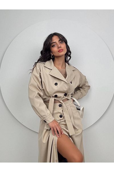 GİZONLY Women's Trench Coat Bottom Top Set Buttoned Jacket and Skirt