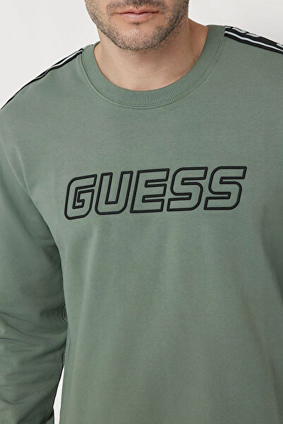 Guess Erkek ARLO CN Kolları Şeritli Önde Logo Sweatshirt - Yeşil