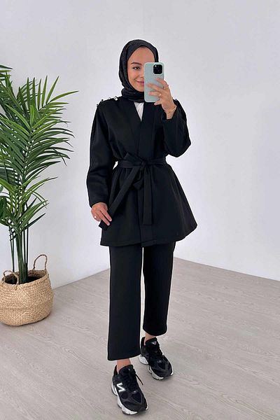 Ka Hijab Black Scuba Kimono Set - Shoulder Detail