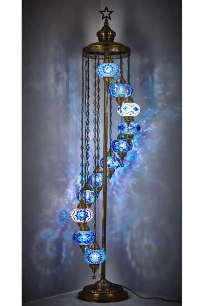 Demmex El Yapımı Otantik Mozaik Renkli Cam Lambader Taban Lambası Ayaklı Lambader 11 Camlı 2.1 Metre