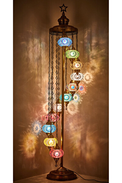 Demmex El Yapımı Otantik Mozaik Renkli Cam Lambader Taban Lambası Ayaklı Lambader 11 Camlı 2.1 Metre