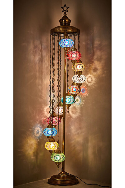 Demmex El Yapımı Otantik Mozaik Renkli Cam Lambader Taban Lambası Ayaklı Lamb...