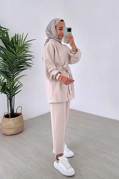 Ka Hijab Beige Scuba Fabric - Glitter Piping Kimono Set
