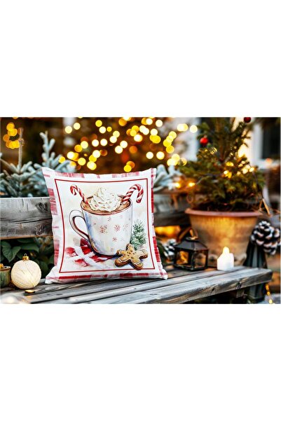 Evmila Yılbaşı Temalı Kahve Desenli Kadife Kırlent Kılıfı 43x43 cm - Dekorati...
