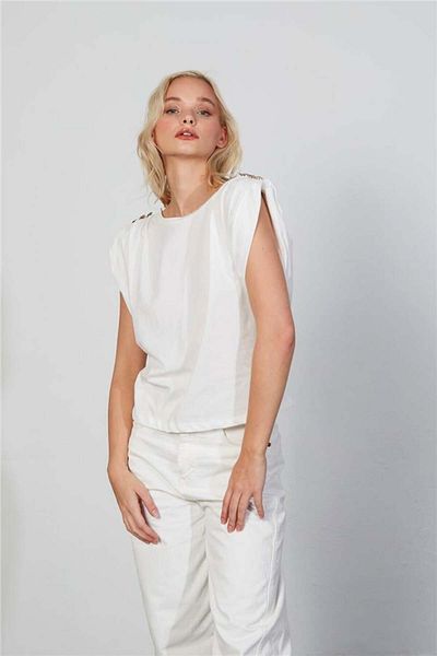 Avrile Ecru Women's T-Shirt - Shoulder Button Detail