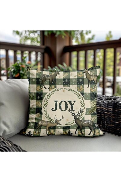 Evmila Yılbaşı Temalı Joy Desenli Ekose Kadife Kırlent Kılıfı 43x43 cm - Deko...
