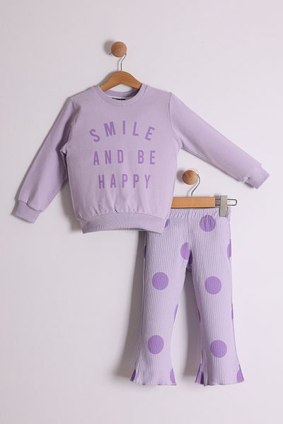 Pollito Leggings cu nervuri cu buline cu imprimeu Smile And Be Happy pentru fete - Set 2 piese