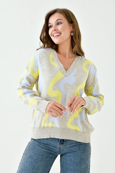 WOMAN VISION Pulover de damă cu decolteu rotund cu model geometric afumat - 0128