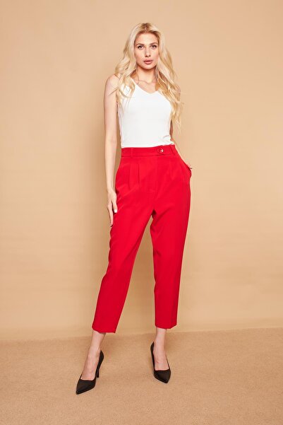 Jument Yüksek Bel Pileli Cepli Boyfriend Hafif Likralı Kumaş Pantolon-Kırmızı