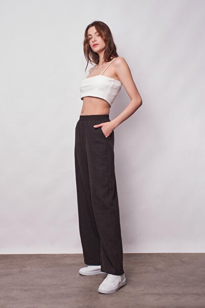 Jument Linen High Waist Elastic Waist Side Pocket Wide Leg Trousers - Black