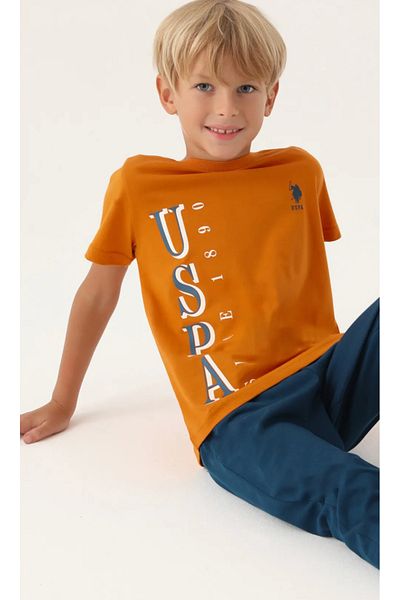 U.S. Polo Assn. Set de pijamale și tricou cu mânecă scurtă din bumbac portocaliu USPA cu licență pentru băieți