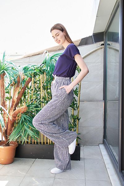 Jument Navy Blue Striped Voile Loose Cut Trousers - Spring Fabric