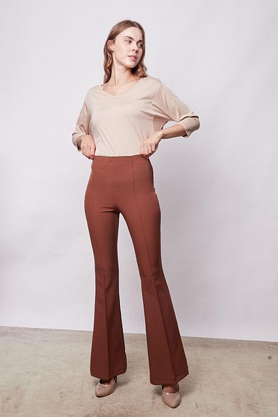 Jument High Waist Lycra Spanish Leg Leggings - Front and Back Stitching Fabric Pants, Dark Tan