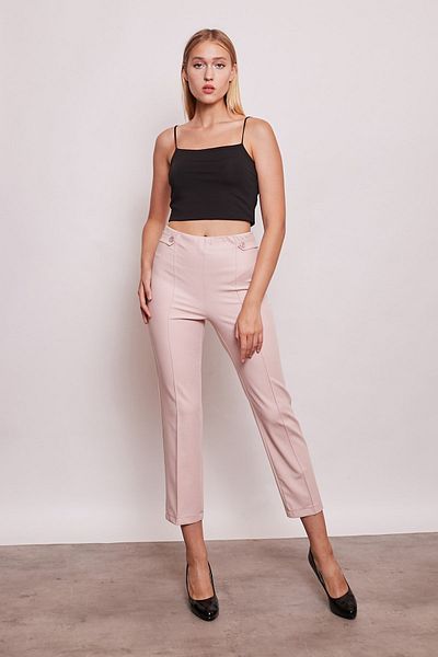 Jument Women's High Waist Front Stitched Waist Epaulette Buttoned Pipe Leg Fabric Trousers - powder