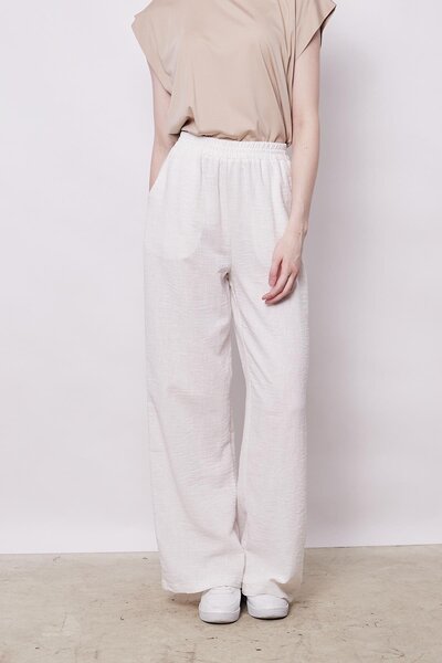 Jument Λινό φαρδύ παντελόνι με ψηλή μέση και πλαϊνές τσέπες - Λευκό