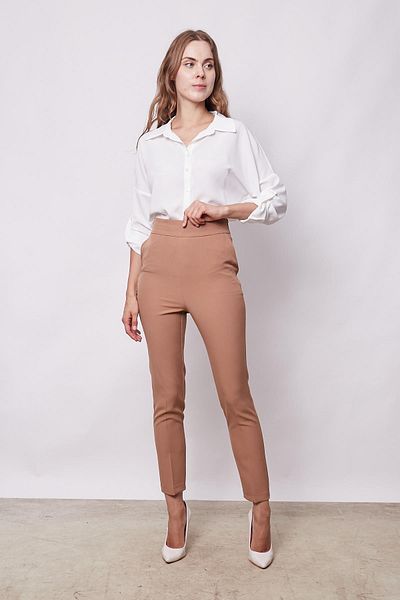 Jument Țesătură ușoară din lycra cu talie înaltă - Pantaloni de damă cu buzunare laterale Camel