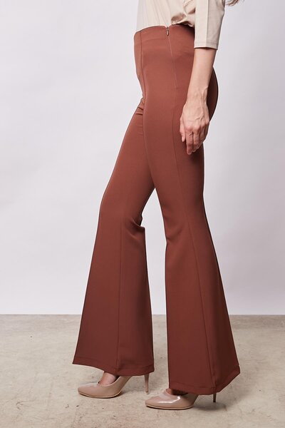 Jument Yüksek Bel Ön Arka Dikişli İspanyol Paça Tayt Likralı Kumaş Pantolon-Koyu Taba