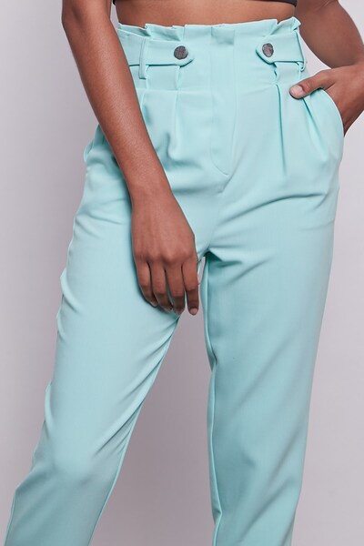 Jument High Waist Belted Stylish Fabric Trousers with Pleats and Button Detail - Mint