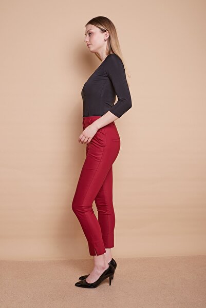 Jument High Waist Pocketed Leg Slit Ankle Length Lightweight Stretch Fabric Fabric Stylish Office Trousers-Burgundy
