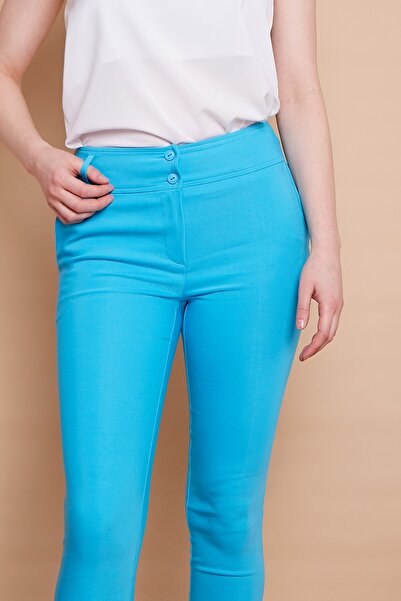 Jument High Waist Pocketed Leg Slit Ankle Length Lightweight Stretch Fabric Fabric Stylish Office Trousers-Turquoise