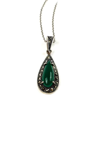 OSESHOP Yeşil akik markazit taş detaylı gümüş damla kolye