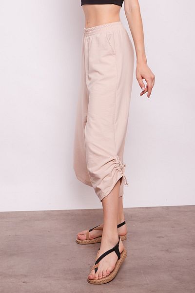 Jument High Waist and Wide Leg Drawstring Viscose Poplin Pants - Beige