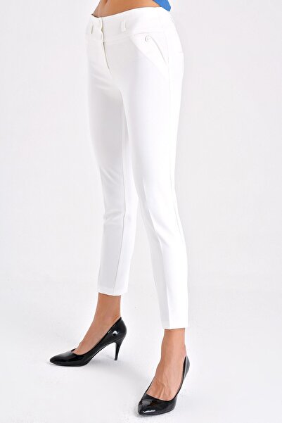 Jument Thick Belted Ankle Length Lycra Fabric Pants with Ornamental Pockets-Cream