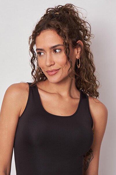 Jument Women's Wide Crew Neck Light Shiny Fabric Lycra Sleeveless Bodysuit-Black