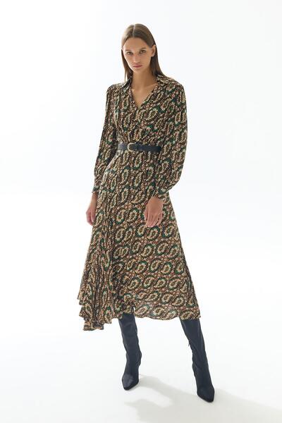 Jus De Pommes ÇOK RENKLİ DESENLİ ASİMETRİK MİDİ ELBİSE