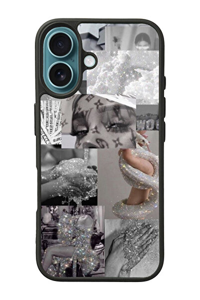 Spoyi iPhone 16 Silver Sticker Tasarımlı Glossy Telefon Kılıfı