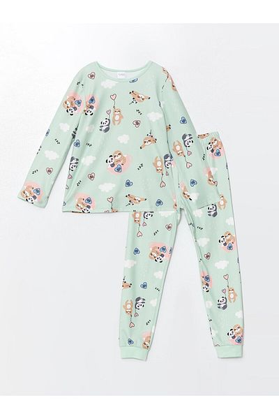 LC Waikiki Σετ πιτζάμες για κορίτσια LCW Kids Turquoise Crew Neck Fleece
